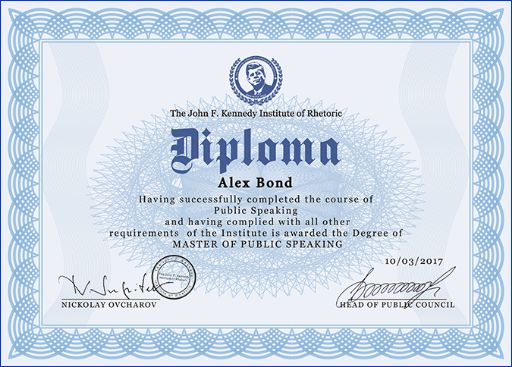 Upon completion – a "Master of Public Speaking" certificate in printed or electronic form.